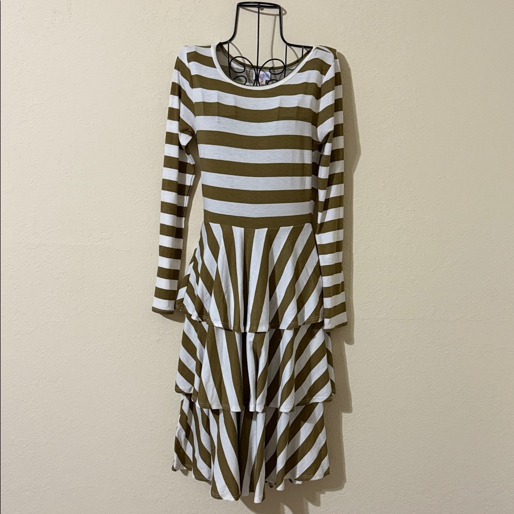 LuLaRoe Olive and White Striped Long Sleeve Dress